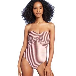NWT Kona Sol Striped Red Currant Twist Bandeau One Piece Swimsuit Size Small